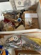 Metal box, keys, metals, dice, patch, etc