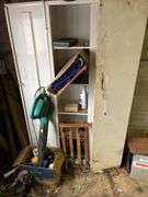 Electric leaf blower, metal cabinets & contents, mini school desk