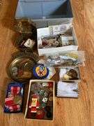 Metal box, keys, metals, dice, patch, etc