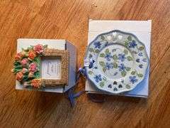 Decorative 5.5” plates by Andrea, floral frames, basket of miscellaneous