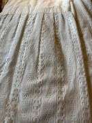 3 banquet size white handmade table skirts ( beautiful ) 1 green striped table skirt banquet size
