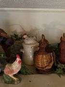 Chicken canister, wicker chickens, rooster figures