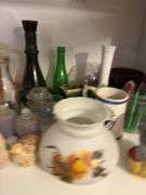 Football Beam bottle, vintage Firex fire extinguisher, milkglass vases, PartyLite candleholders, misc