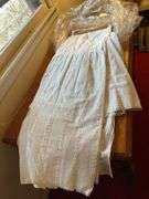 3 banquet size white handmade table skirts ( beautiful ) 1 green striped table skirt banquet size