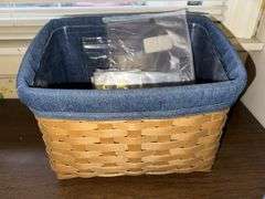 Small and large Longaberger media baskets with denim liners