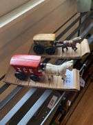 Pair cast iron toy horse drawn wagons, ICE and MAIL