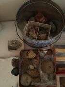 Misc rocks, mini binoculars, kettle, tin, pink crystal