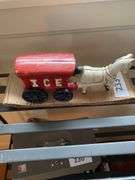 Pair cast iron toy horse drawn wagons, ICE and MAIL