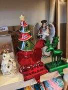 4th  shelf of Christmas longaberger plate, angels, ceramic tree, Home interior angel, sock monkeys