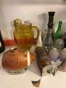 Football Beam bottle, vintage Firex fire extinguisher, milkglass vases, PartyLite candleholders, misc