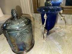Carnival glass canister with lid, blue vase