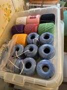 7 tubs of yarn, crochet thread and material