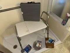 Shower seat, blood pressure cuff, stockings, thumb support, cushion