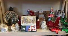4th  shelf of Christmas longaberger plate, angels, ceramic tree, Home interior angel, sock monkeys