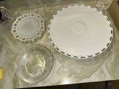 Milk glass lace edge large plate, 4 milk glass salad plates, 13 glass salad plates