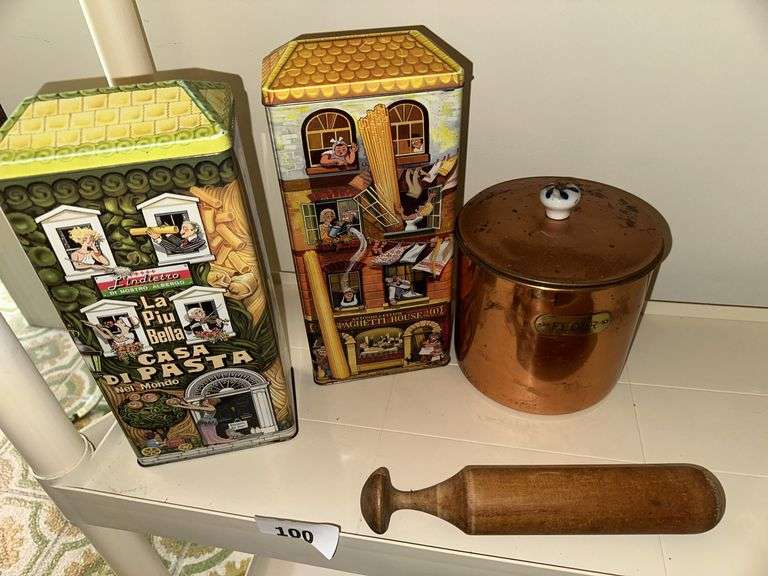 2 tin pasta cans, copper flour canister, vintage wooden pestle masher