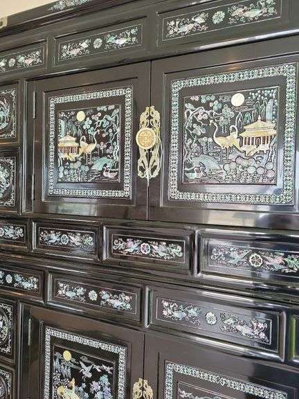 Asian Style Cabinet with Mother of Pearl Inlay, Silver Hardware- 4 Drawers, 3 cabinets