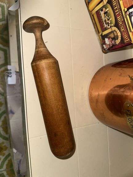 2 tin pasta cans, copper flour canister, vintage wooden pestle masher