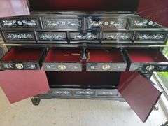 Asian Style Cabinet with Mother of Pearl Inlay, Silver Hardware- 4 Drawers, 3 cabinets