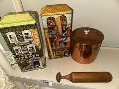 2 tin pasta cans, copper flour canister, vintage wooden pestle masher