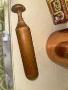 2 tin pasta cans, copper flour canister, vintage wooden pestle masher