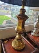 Pair of Lamps - Black Shade w/Brass Base  28"t; Cream Shade w/Silver Metal Base 26"t