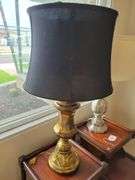 Pair of Lamps - Black Shade w/Brass Base  28"t; Cream Shade w/Silver Metal Base 26"t