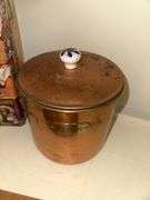2 tin pasta cans, copper flour canister, vintage wooden pestle masher