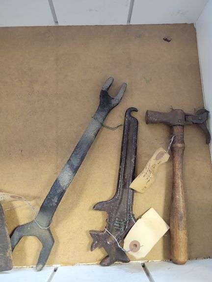 Antique Metal Farm Fence Tool, Hatchet, Wrenches, Paint Can Opener