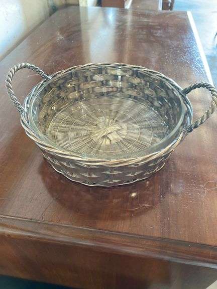 Silver plated dishes, basket weave with glass liner, charger, round reticulated and 3 footed basket