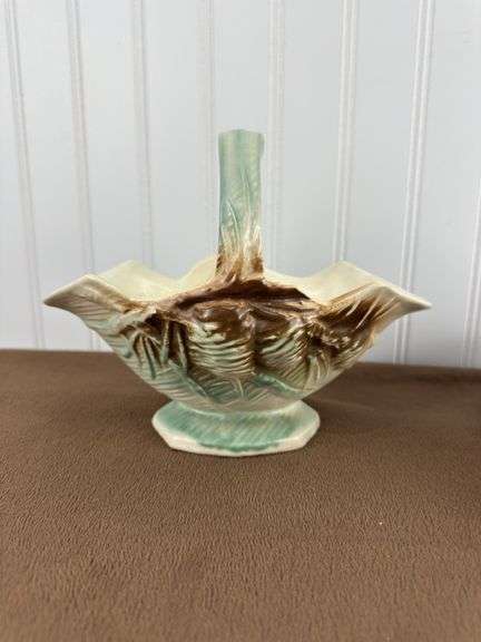 Vintage McCoy Pottery Lot – Leaf Basket Vase & White/purple Scalloped Bowl