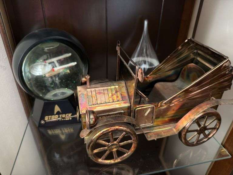 Marbles, figurines, wood turtle, copper vehicle, lighted Star Trek glitter globe