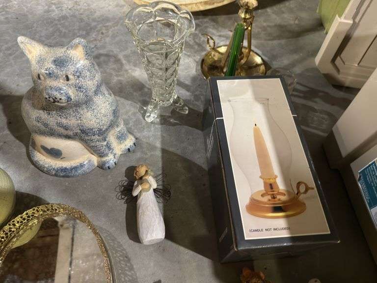 Tub of misc: mirrored tray, brass hurricane lamp, willow tree figure, carnival glass toothpick, glass vases, brass candle holder, figurines