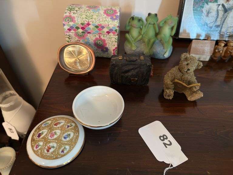 Clock, figurines, Boyd's Bear, covered jar, misc