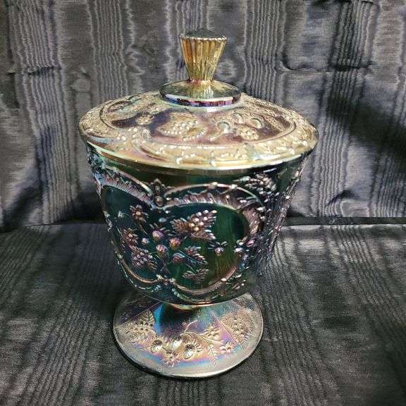 Fenton Carnival Glass Basket and Pedastal Jar w/ Lid, Vintage Green Glass Biscuit Jar in Attached Chrome Leaves