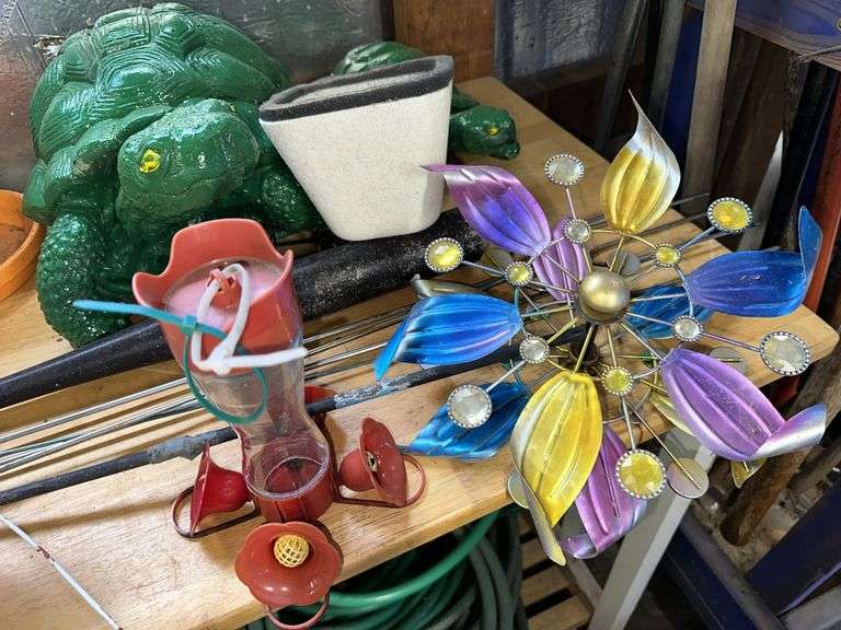 Concrete turtles, angel, yard decor, hummingbird feeder, hot dogs roasting sticks