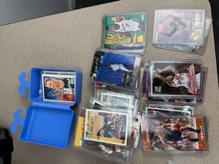 Large collection of misc basketball, baseball, football and nascar cards i. Storage totes
