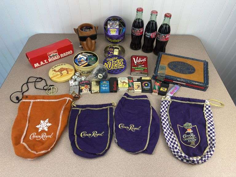 Misc Camel and Smokin’ Joe’s lighters, tins, crown bags, cigar box, coca-cola collector bottles Nascar themed