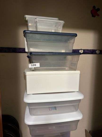 Large lot of storage boxes and shelves
