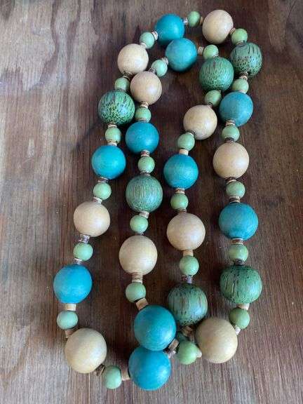 Crystal covered vanity dish, painted round porcelain dish, wood bead necklace