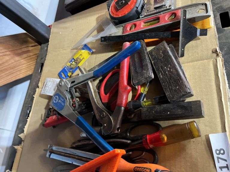 Pliers, adjustable wrenches. Tape measurers, stone, misc