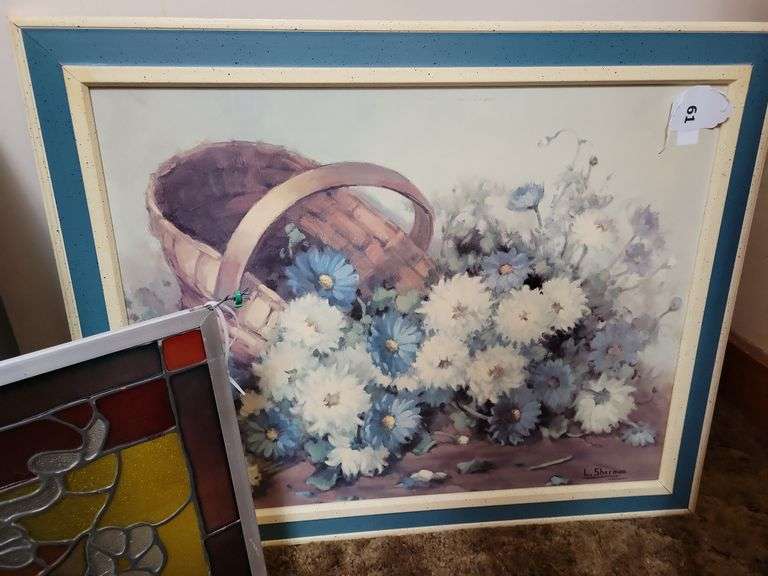 Stained Glass Piecez Floral Painting signed L. Sherman