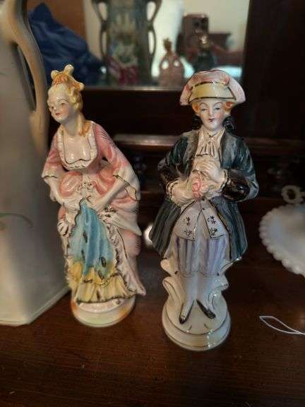 Nippon pitcher (damaged) 12", 2 figurines made in Japan 9"