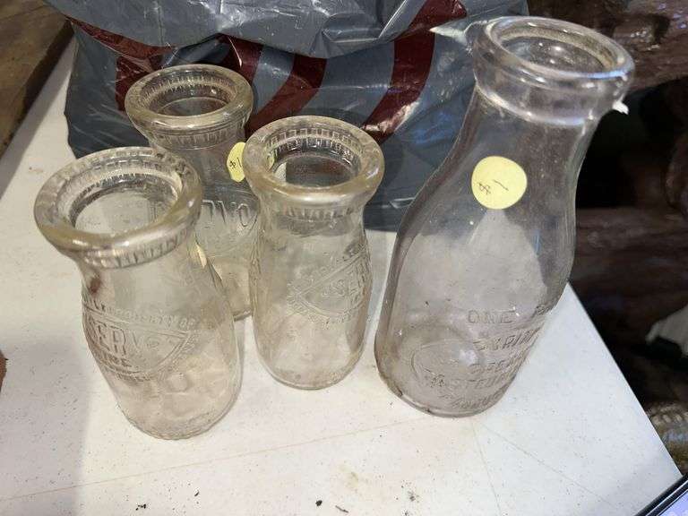 Vintage milk bottles, lot of springs, poly wire, 4’ LED shop light, Chevrolet sign
