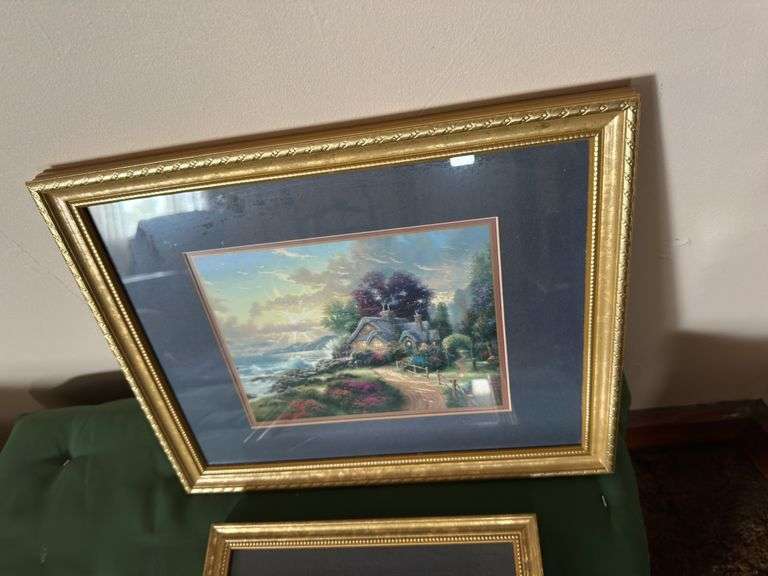 9.5” x 11” Thomas Kinkade framed picture, 12.5” x 15.5” cottage picture