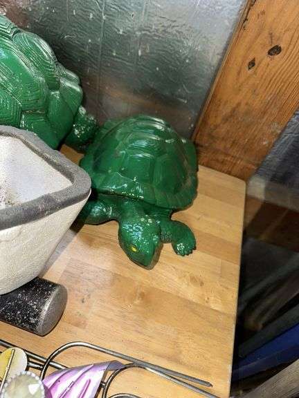 Concrete turtles, angel, yard decor, hummingbird feeder, hot dogs roasting sticks