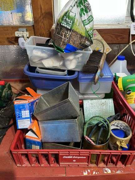Garden supplies, storage boxes, brush, misc