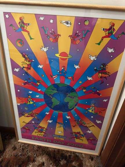 Signed Peter Max Earth Day framed poster 27” x 39”