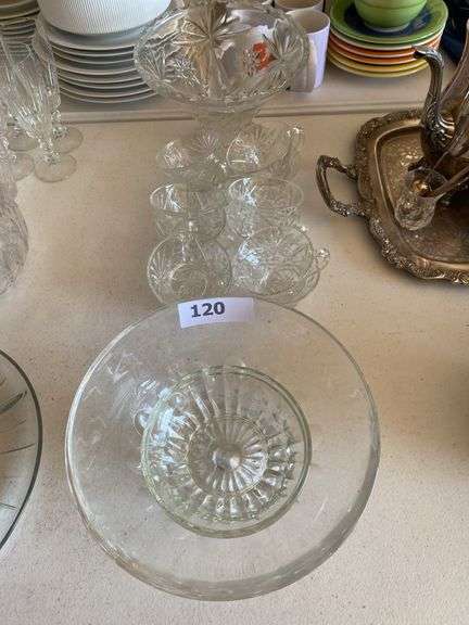 Clear pressed glass pedestal fruit bowl, cups, trophy bowl