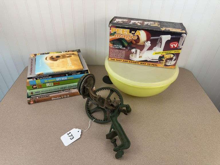 Misc books, vintage and new apple corer, tubberware bowl